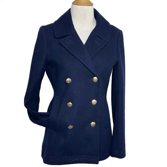 J. Crew women's 0 peacoat Navy wool blend gold crested buttons double breasted - Picture 2 of 9